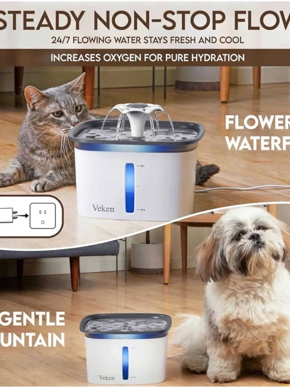 Gray & White Pet Water Fountain – Filtered Bowl for Dogs